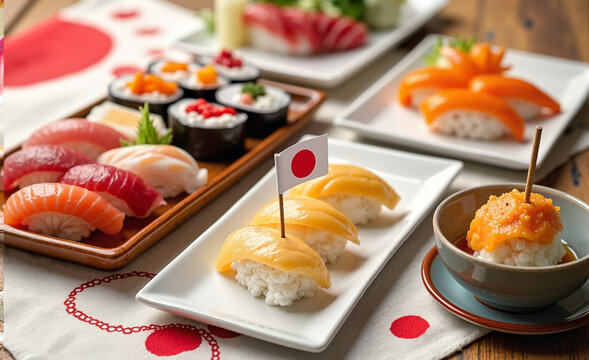 Sushi Platter with Japanese Flags Decor