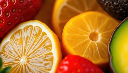 Close-up of fresh and colorful fruits like strawberries, lemons and avocado