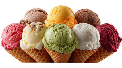 Ice Cream Cones: A colorful assortment of ice cream cones with different flavors. Each scoop is a delectable taste sensation, ready to cool down.