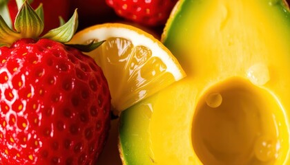 Close-up of fresh avocado slice, lemon slice, and strawberry fruits