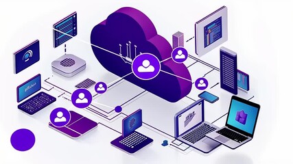 Digital cloud computing illustration showcasing interconnected devices and user profiles in a modern setup