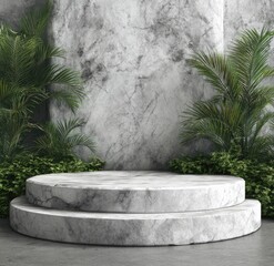 Two-tiered circular marble pedestal, flanked by lush greenery against a textured gray marble wall