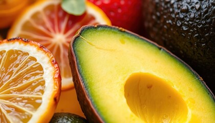 Close-up of fresh avocado, orange, and strawberry slices food photography