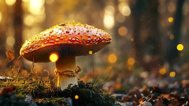 Mushroom fantasy landscape with magical lighting on forest floor during twilight, Mushroom fantasy landscape on forest floor panning to right, sparkling lights