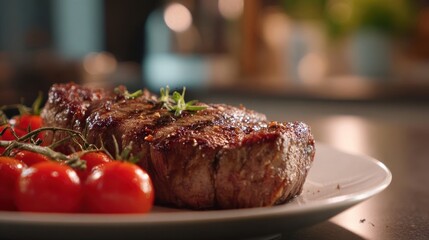Grilled steak served on a plate with fresh cherry tomatoes and herbs, presented in a warm, inviting setting.