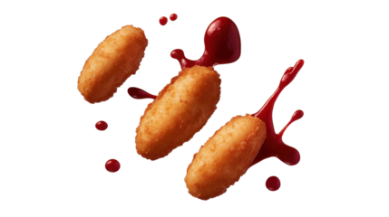 Crispy Golden Croquettes with Red Sauce Splashes on a Transparent Background