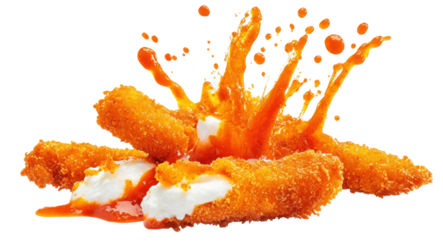 Crispy Fried Snack With Spicy Sauce Splash On Transparent Background
