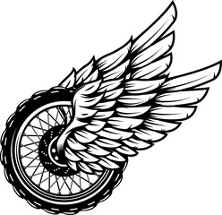 Motorcycle wheel with wings isolated on white background. Design elements for logo, label, emblem,sign. Vector illustration