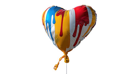 Obraz premium Colorful Heart Balloon: A vibrant heart-shaped balloon bursts with color, featuring a playful design of dripping paint in shades of blue, yellow, and red, symbolizing joy, love.