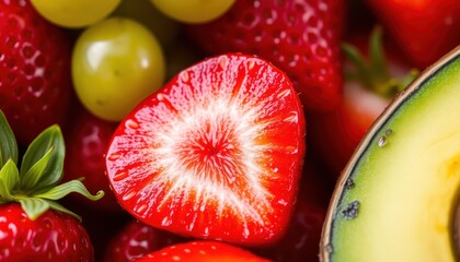 Close-up of Fresh Fruits Including Strawberries, Grapes and Avocado