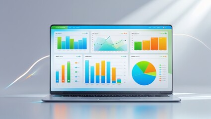 A laptop displays charts and graphs for business accounting and statistical analysis, featuring a sleek, modern UI/UX design typical of a business dashboard or admin interface toolkit