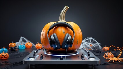 A Halloween pumpkin with headphones rests on a DJ table against a dark backdrop, blending spooky festive vibes with music and party energy in a lively celebration scene