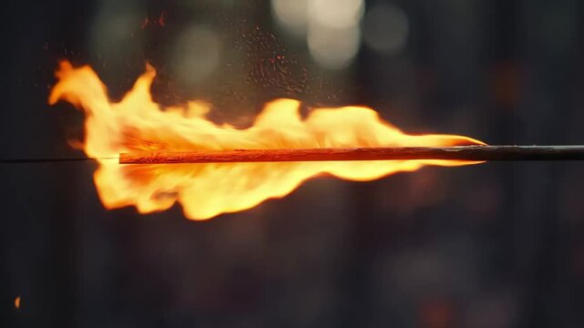 Slow motion release of a flaming arrow showcasing precise archery skills in a dimly lit environment, Flaming arrow release, slow motion