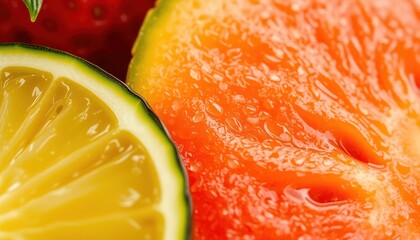 Close-up of Fresh Fruits: Orange, Lime, and Strawberry Showing Vibrant Colors