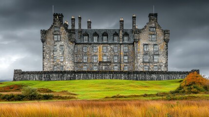 Obraz premium Imposing stone castle sits on a green hill