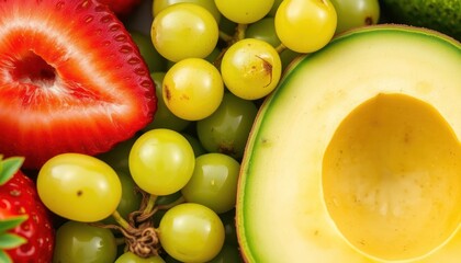Close-up of Fresh Fruits: Strawberry, Grapes, and Avocado with Vibrant Colors