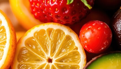 Close-up of Fresh Fruits: Strawberry, Lemon, Cherry, Avocado, Healthy Eating