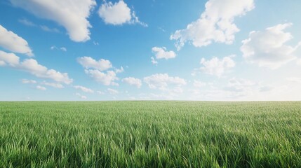 Obraz premium Serene green grass field under a clear blue sky with scattered clouds
