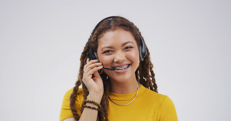 Microphone, call center and portrait of woman in studio for college help desk, contact us and...