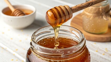 Golden honey slowly pours from a dipper into a glass jar, framed by glistening honeycomb pieces that emphasize nature’s pure sweetness.