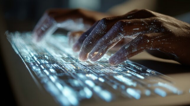 Futuristic Hands Typing on Digital Keyboard with Glowing Effects - Powered by Adobe