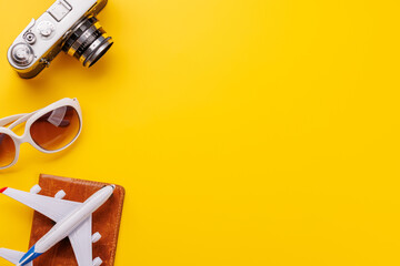 Travel-themed flat lay with toy airplane, camera, and sunglasses
