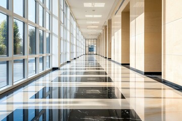 Obraz premium Empty, modern hallway with large windows