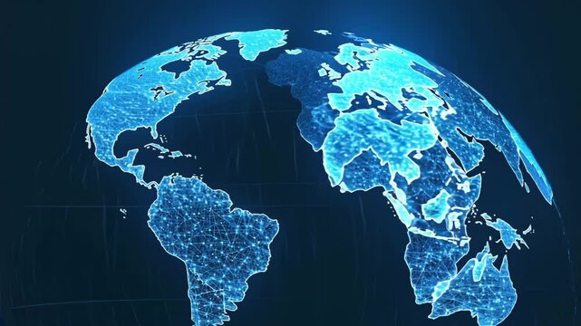 Futuristic Digital Globe with Glowing Global Network Connections and Blue Light Mesh