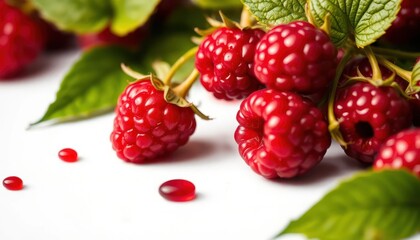 Close-up of Fresh Raspberries with Green Leaves on a White Background