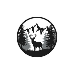 Deer in Forest with Mountain Silhouette – Wildlife and Nature Adventure Emblem

