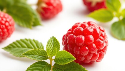 Close-up of fresh red raspberries with green leaves on a white background