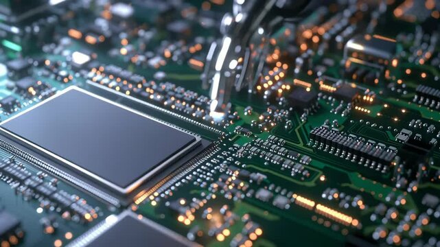 Intricate Engineering Robotic Arm Enhances Circuit Board with Precision, Modern Technology, and Electronics Connections