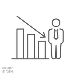 Employment Decline Icon. Outline Style. Editable Stroke Vector. Worker Beside Downward Bar Graph. Labor Shortage Impact. Productivity Drop. Job Market Crisis. Workforce Reduction and Business Loss Co