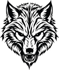 Naklejka premium Wolf Head Illustration Minimalist Black Silhouette Featuring Fierce Eyes and Intricate Fur Texture for Wild Animal Themed Graphic Design