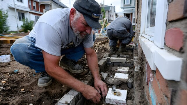 Gartenweg aus Naturstein &ndash; Handwerker beim Bau von DIY-Wegeprojekten rund ums Haus
