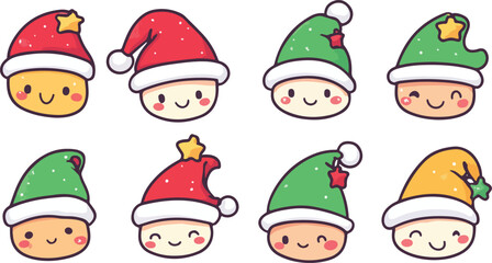 Cute Christmas Characters with Santa Hats in Red Green and Yellow Colors