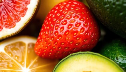 Close-up of fresh strawberry and other fruits like citrus and avocado