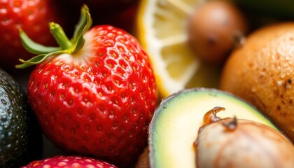 Close-up of fresh, colorful fruits: strawberry, avocado, lemon, and more