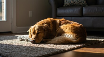 Golden Retriever in Peaceful Slumber on Plush Rug, Cozy Morning Light