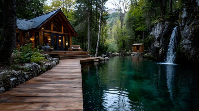 Luxuri&ouml;se Holzh&uuml;tte am See mit Wasserfall in m&auml;rchenhafter Waldkulisse
