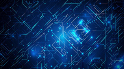 
Blue tech background featuring circuit lines and hexagons, vector design for business, technology, or science themes