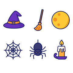 Perfect for spooky witch-themed Halloween designs. Includes witch hat, broom, spider web, spider, full moon, and candle icons. Great for stickers, party invitations, and seasonal crafts.