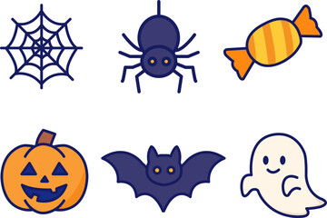 Perfect for cute Halloween designs. Includes pumpkin, ghost, bat, spider web, spider, and candy icons. Great for stickers, scrapbooking, party invites, and spooky decorations.