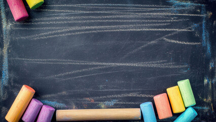 Chalk sticks on blackboard background for creative education design