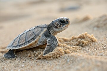 young baby turtle crawl on beach sand