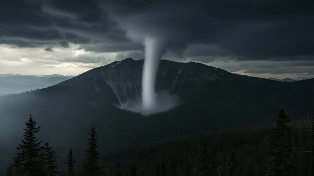 Dramatic funnel cloud descending over dark mountain landscape under stormy sky