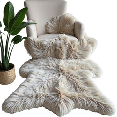Faux fur rug decor isolated, Transparent floor accent, Soft plush object, Cozy room feature, Stylish fabric piece, Modern texture prop