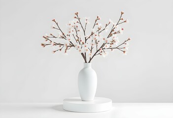 a minimalist vase with branches of pink blossoms, simple white background, high contrast, soft lighting, detail-oriented, clean, serene, elegant