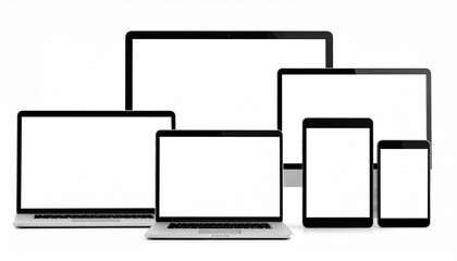 A collection of modern electronic devices, including laptops, tablets, and smartphones, displayed with blank screens.