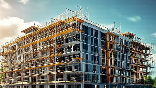 Modern construction site with scaffolding, showcasing a multi-story building under development